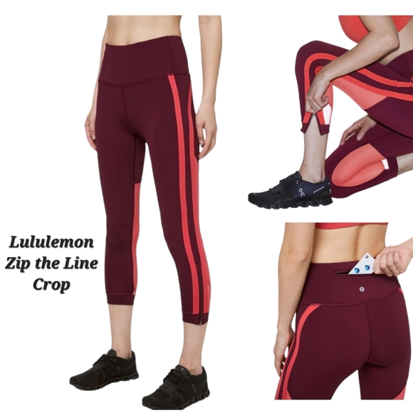 Lululemon Zip the Line Crop Deep Ruby Poppy Coral Breathable Mesh Leggings 6 - Picture 1 of 16